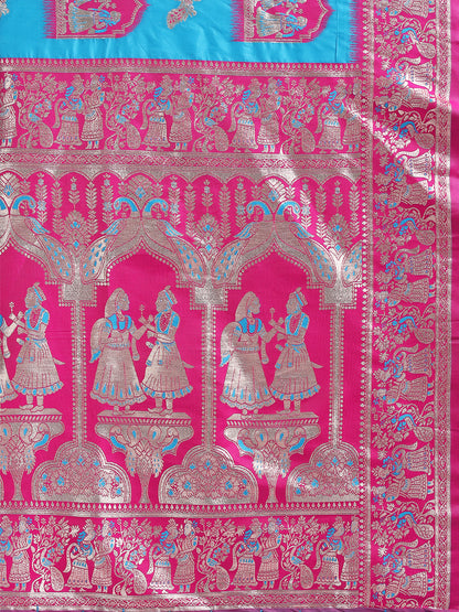 Astita Banarasi Silk Saree with Sky Blue & Pink Zari Work – Wedding & Festive Traditional Saree | Temple Border & Royal Motifs | Soft & Shiny Silk Finish