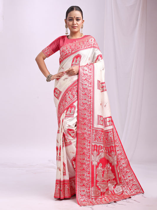 Astita Banarasi Silk Saree with White & Red Zari Work – Wedding & Festive Traditional Saree | Temple Border & Royal Motifs | Soft & Shiny Silk Finish