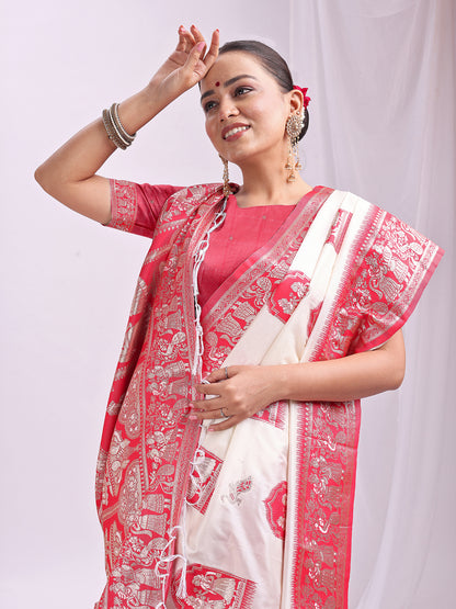 Astita Banarasi Silk Saree with White & Red Zari Work – Wedding & Festive Traditional Saree | Temple Border & Royal Motifs | Soft & Shiny Silk Finish