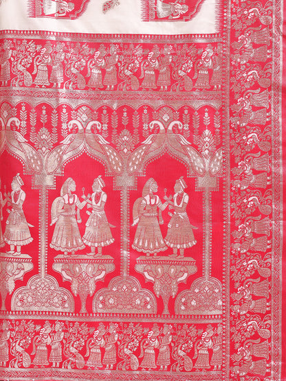 Astita Banarasi Silk Saree with White & Red Zari Work – Wedding & Festive Traditional Saree | Temple Border & Royal Motifs | Soft & Shiny Silk Finish