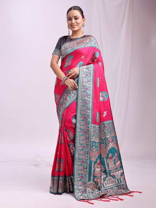 Astita Banarasi Silk Saree with Magenta & Sea Green Zari Work – Wedding & Festive Traditional Saree | Temple Border & Royal Motifs | Soft & Shiny Silk Finish