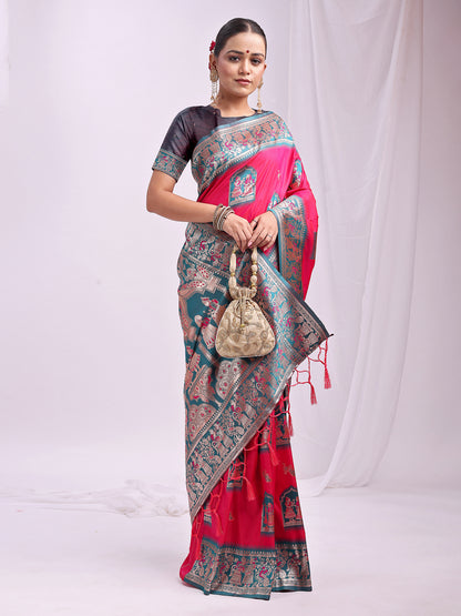 Astita Banarasi Silk Saree with Magenta & Sea Green Zari Work – Wedding & Festive Traditional Saree | Temple Border & Royal Motifs | Soft & Shiny Silk Finish