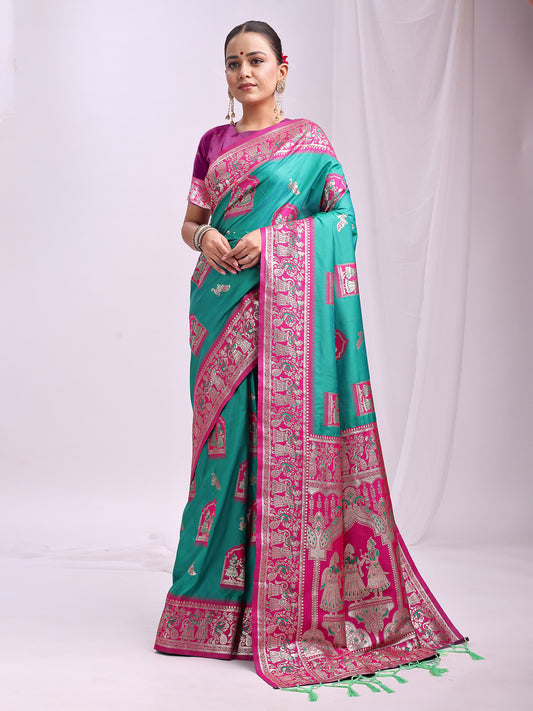Astita Banarasi Silk Saree with Rama Green & Pink Zari Work – Wedding & Festive Traditional Saree | Temple Border & Royal Motifs | Soft & Shiny Silk Finish