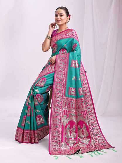 Astita Banarasi Silk Saree with Rama Green & Pink Zari Work – Wedding & Festive Traditional Saree | Temple Border & Royal Motifs | Soft & Shiny Silk Finish