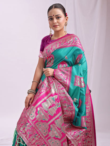 Astita Banarasi Silk Saree with Rama Green & Pink Zari Work – Wedding & Festive Traditional Saree | Temple Border & Royal Motifs | Soft & Shiny Silk Finish