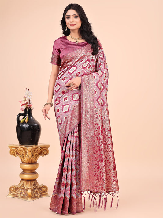 Graceful Pink Lichi Silk Saree with Contrast Blue Woven Border & Floral Zari Design – Wedding & Festive Wear