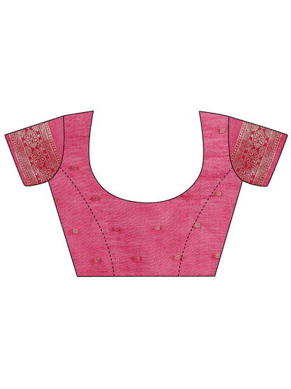 Graceful Pink Lichi Silk Saree with Contrast Blue Woven Border & Floral Zari Design – Wedding & Festive Wear
