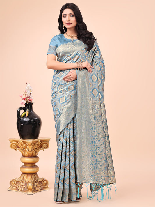 Graceful Sky Blue Lichi Silk Saree with Contrast Blue Woven Border & Floral Zari Design – Wedding & Festive Wear