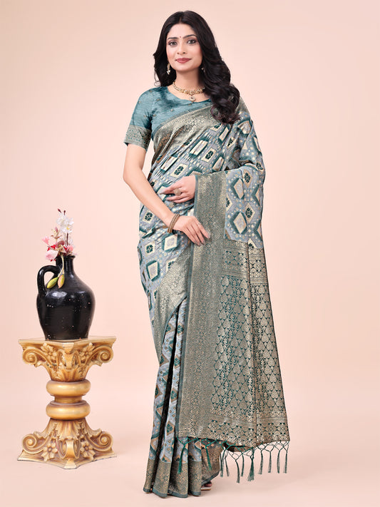 Graceful Green Lichi Silk Saree with Contrast Blue Woven Border & Floral Zari Design – Wedding & Festive Wear