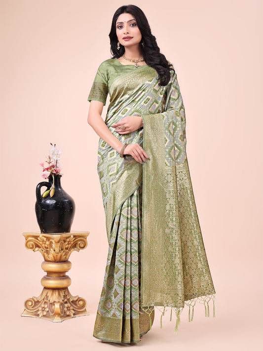 Graceful Mhendi Green Lichi Silk Saree with Contrast Blue Woven Border & Floral Zari Design – Wedding & Festive Wear