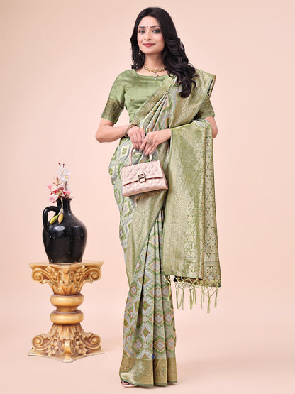Graceful Mhendi Green Lichi Silk Saree with Contrast Blue Woven Border & Floral Zari Design – Wedding & Festive Wear