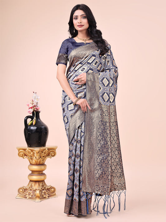 Graceful Navy Blue Lichi Silk Saree with Contrast Blue Woven Border & Floral Zari Design – Wedding & Festive Wear