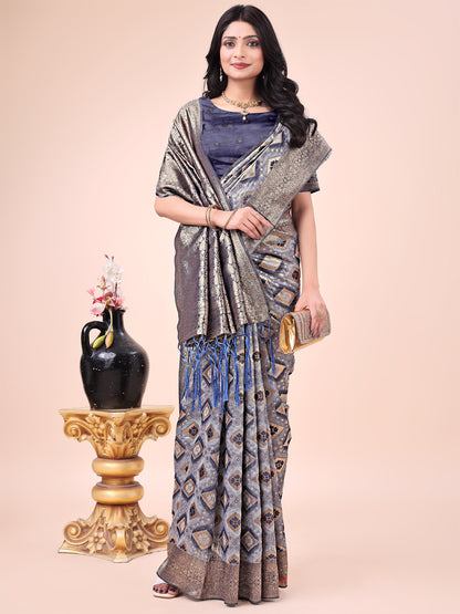 Graceful Navy Blue Lichi Silk Saree with Contrast Blue Woven Border & Floral Zari Design – Wedding & Festive Wear