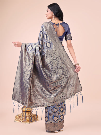 Graceful Navy Blue Lichi Silk Saree with Contrast Blue Woven Border & Floral Zari Design – Wedding & Festive Wear
