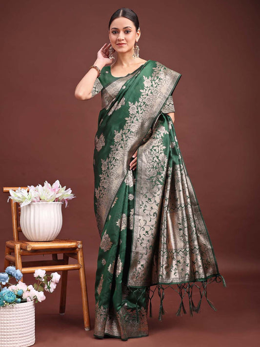 Astita Emerald Green Banarasi Silk Saree with Zari Floral Work – Elegance Woven in Every Thread