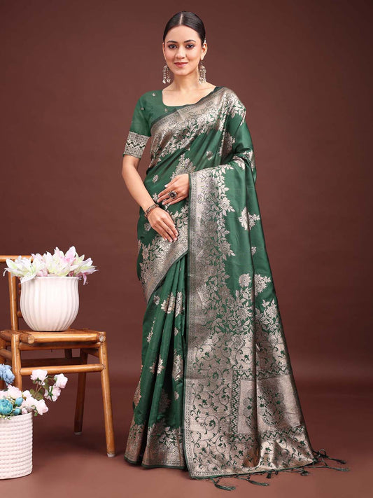 Astita Emerald Green Banarasi Silk Saree with Zari Floral Work – Elegance Woven in Every Thread