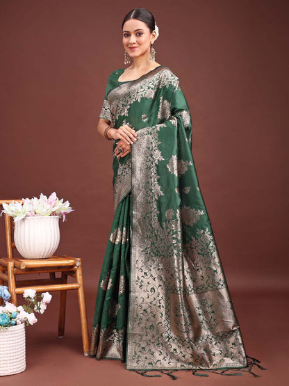 Astita Emerald Green Banarasi Silk Saree with Zari Floral Work – Elegance Woven in Every Thread