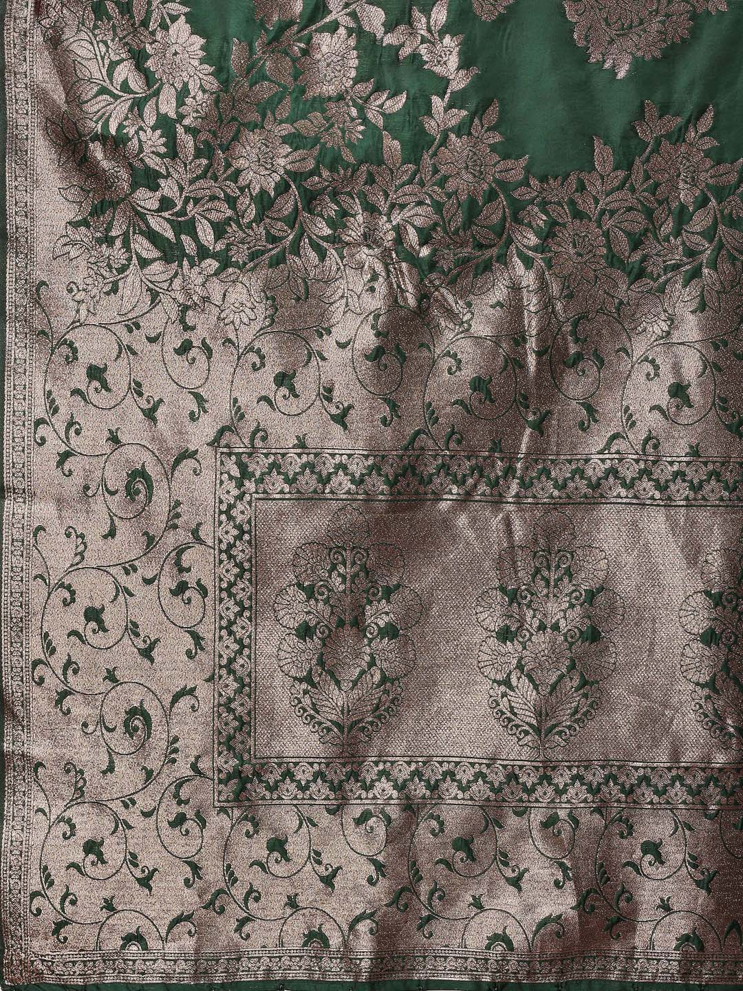 Astita Emerald Green Banarasi Silk Saree with Zari Floral Work – Elegance Woven in Every Thread