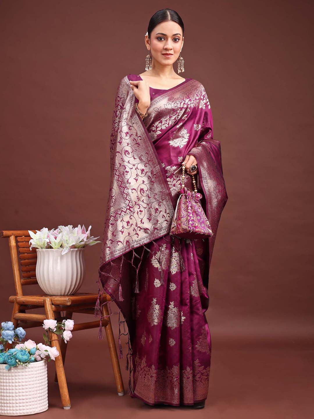 Astita Emerald Purple Banarasi Silk Saree with Zari Floral Work – Elegance Woven in Every Thread