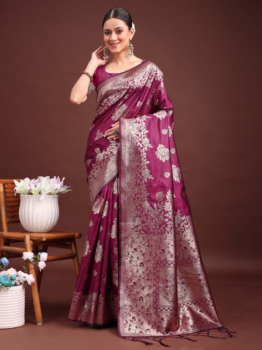 Astita Emerald Purple Banarasi Silk Saree with Zari Floral Work – Elegance Woven in Every Thread