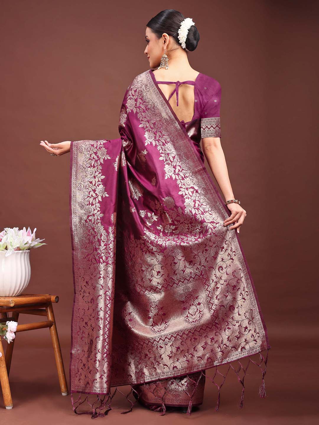 Astita Emerald Purple Banarasi Silk Saree with Zari Floral Work – Elegance Woven in Every Thread