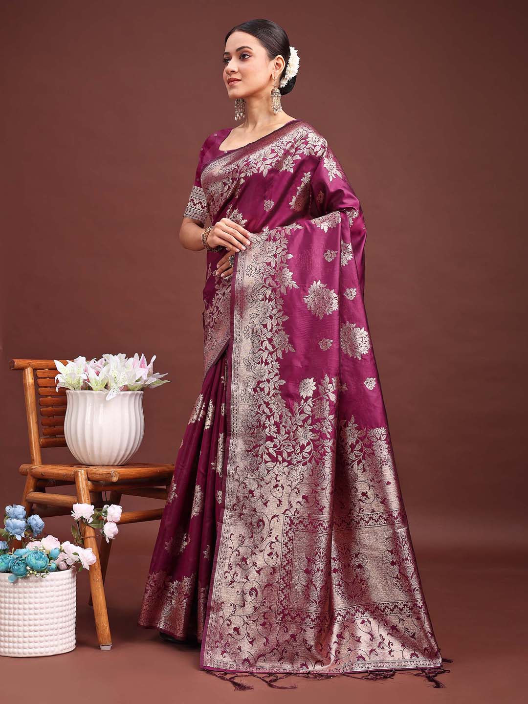 Astita Emerald Purple Banarasi Silk Saree with Zari Floral Work – Elegance Woven in Every Thread