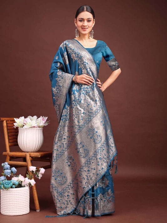 Astita Emerald Teal Green Banarasi Silk Saree with Zari Floral Work – Elegance Woven in Every Thread