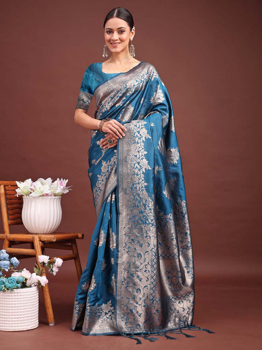 Astita Emerald Teal Green Banarasi Silk Saree with Zari Floral Work – Elegance Woven in Every Thread