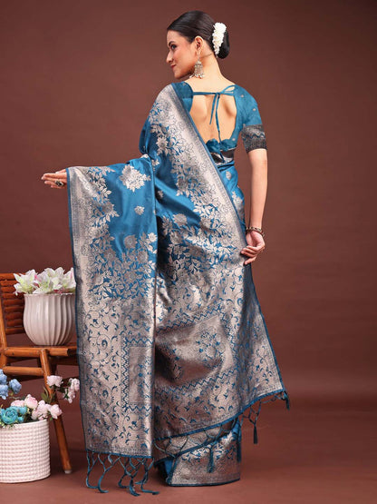Astita Emerald Teal Green Banarasi Silk Saree with Zari Floral Work – Elegance Woven in Every Thread