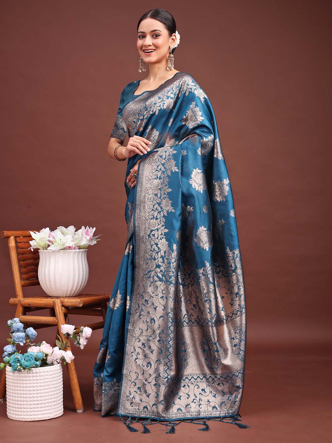 Astita Emerald Teal Green Banarasi Silk Saree with Zari Floral Work – Elegance Woven in Every Thread