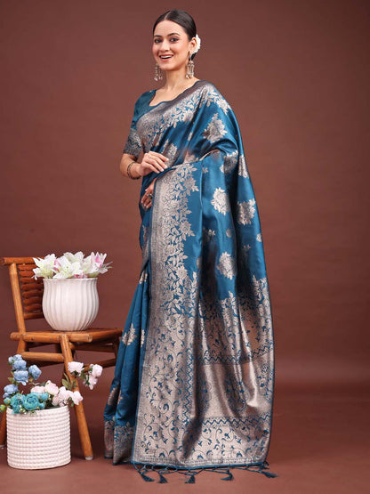 Astita Emerald Teal Green Banarasi Silk Saree with Zari Floral Work – Elegance Woven in Every Thread