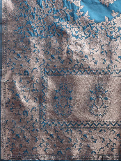 Astita Emerald Teal Green Banarasi Silk Saree with Zari Floral Work – Elegance Woven in Every Thread