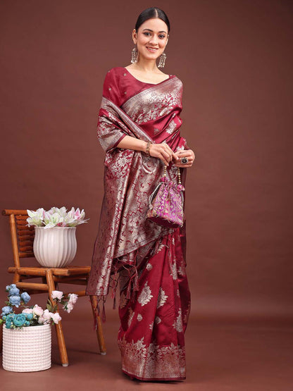 Astita Emerald Maroon Banarasi Silk Saree with Zari Floral Work – Elegance Woven in Every Thread
