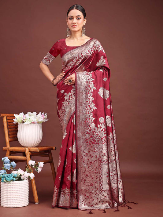 Astita Emerald Maroon Banarasi Silk Saree with Zari Floral Work – Elegance Woven in Every Thread