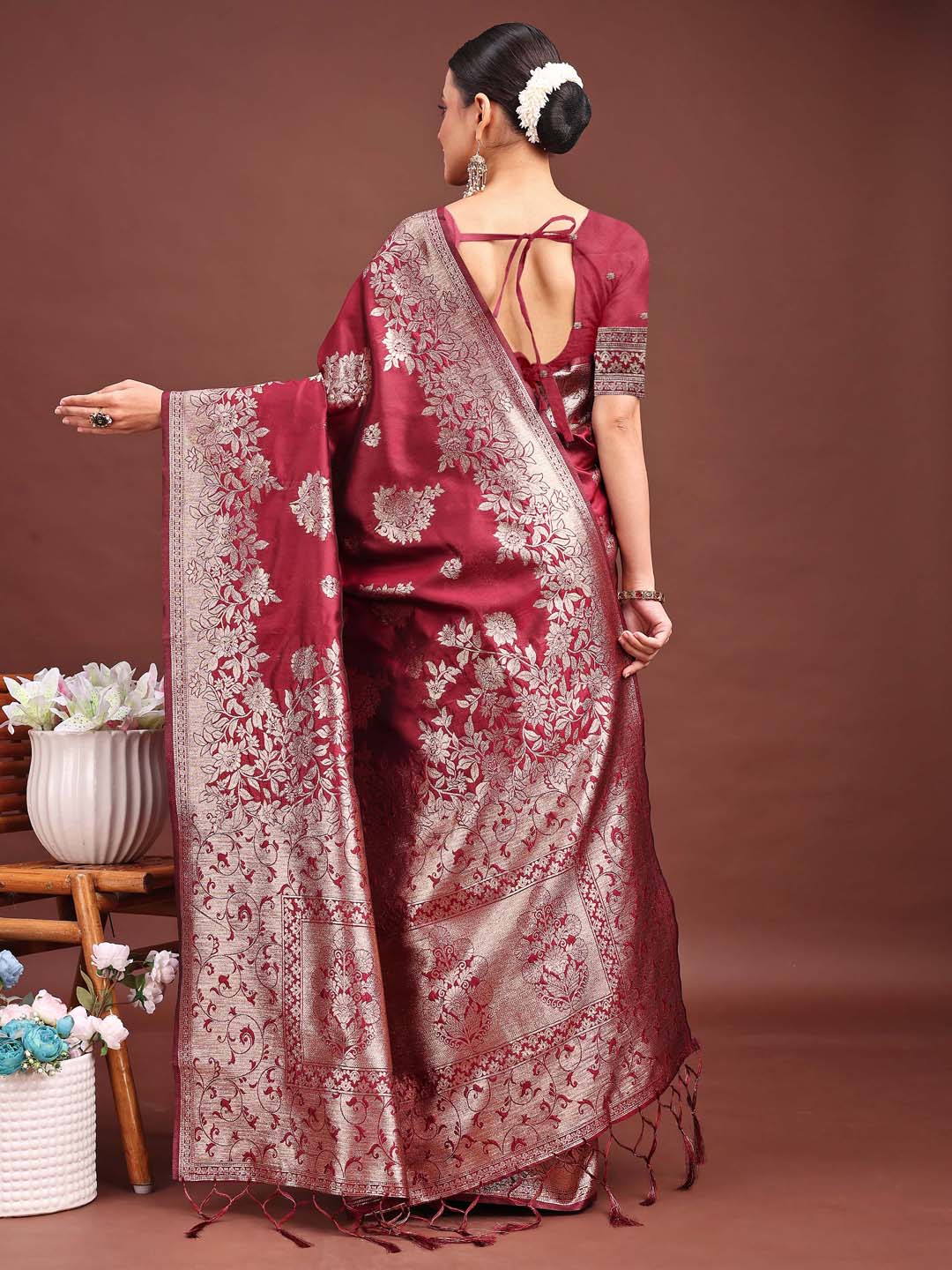 Astita Emerald Maroon Banarasi Silk Saree with Zari Floral Work – Elegance Woven in Every Thread