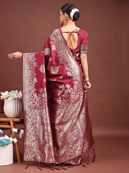 Astita Emerald Maroon Banarasi Silk Saree with Zari Floral Work – Elegance Woven in Every Thread