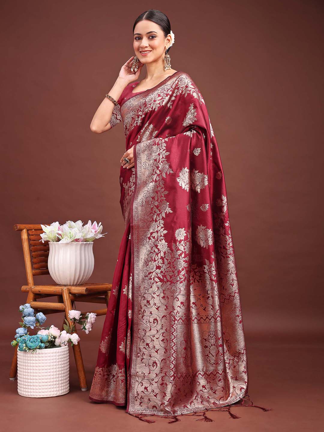 Astita Emerald Maroon Banarasi Silk Saree with Zari Floral Work – Elegance Woven in Every Thread