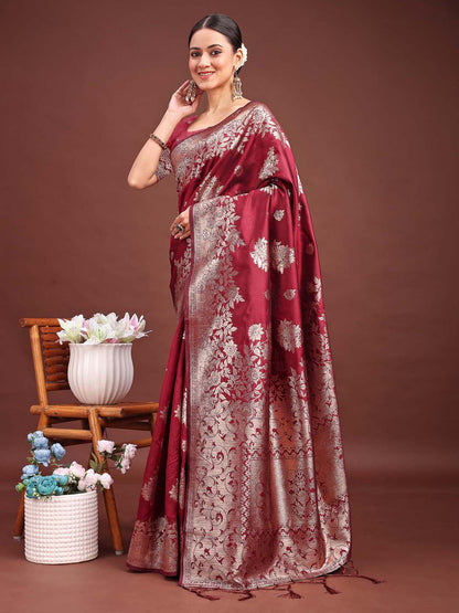 Astita Emerald Maroon Banarasi Silk Saree with Zari Floral Work – Elegance Woven in Every Thread