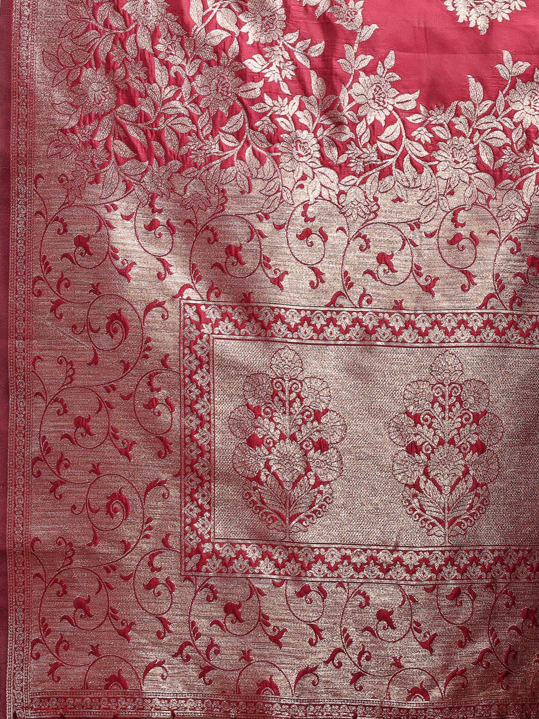 Astita Emerald Maroon Banarasi Silk Saree with Zari Floral Work – Elegance Woven in Every Thread