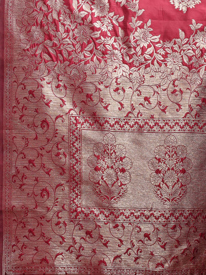 Astita Emerald Maroon Banarasi Silk Saree with Zari Floral Work – Elegance Woven in Every Thread