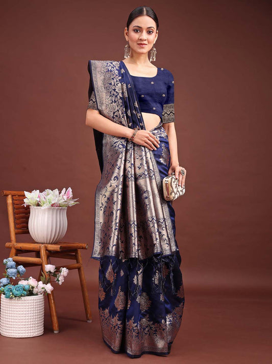 Astita Emerald Navy Blue Banarasi Silk Saree with Zari Floral Work – Elegance Woven in Every Thread
