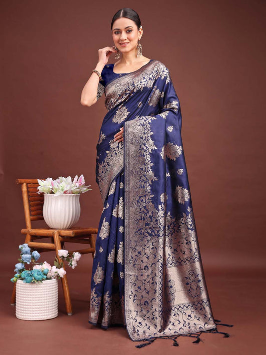 Astita Emerald Navy Blue Banarasi Silk Saree with Zari Floral Work – Elegance Woven in Every Thread