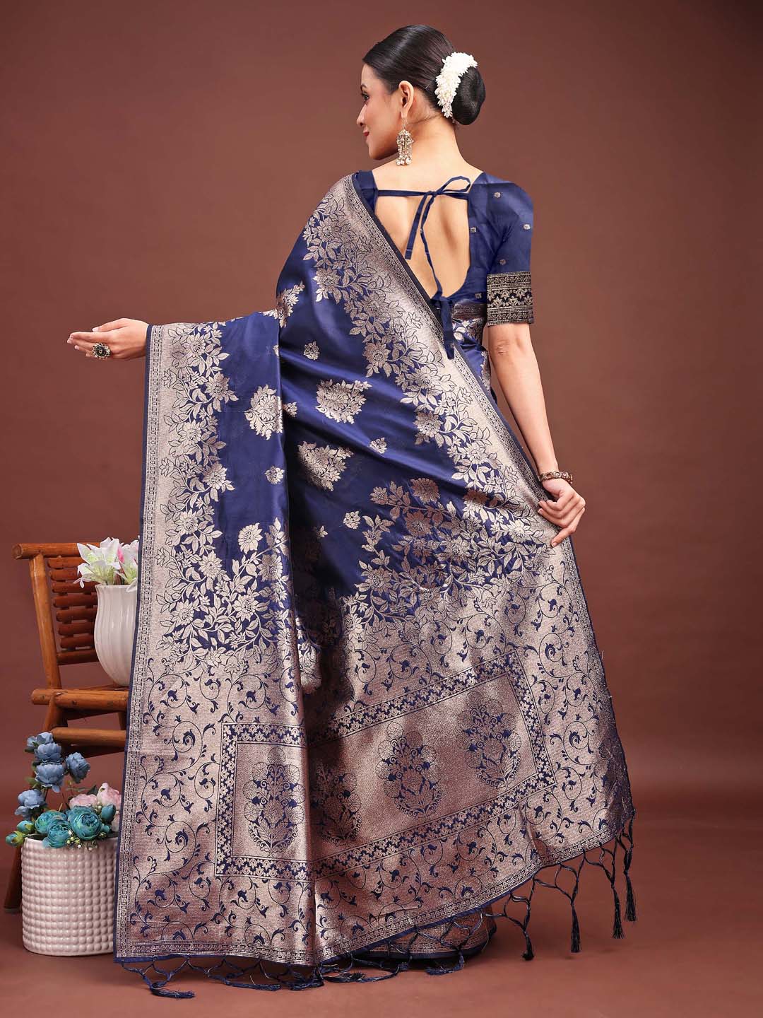 Astita Emerald Navy Blue Banarasi Silk Saree with Zari Floral Work – Elegance Woven in Every Thread