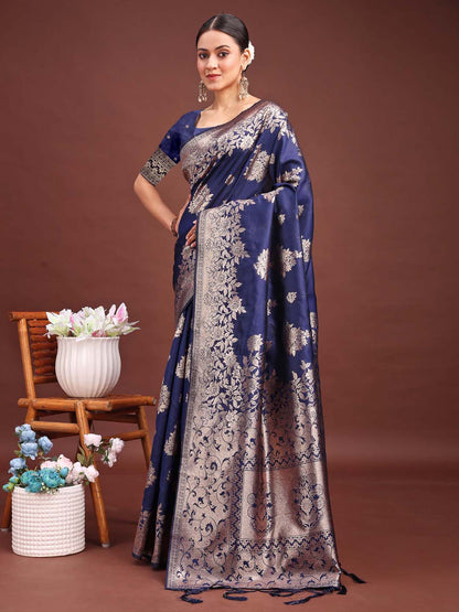 Astita Emerald Navy Blue Banarasi Silk Saree with Zari Floral Work – Elegance Woven in Every Thread