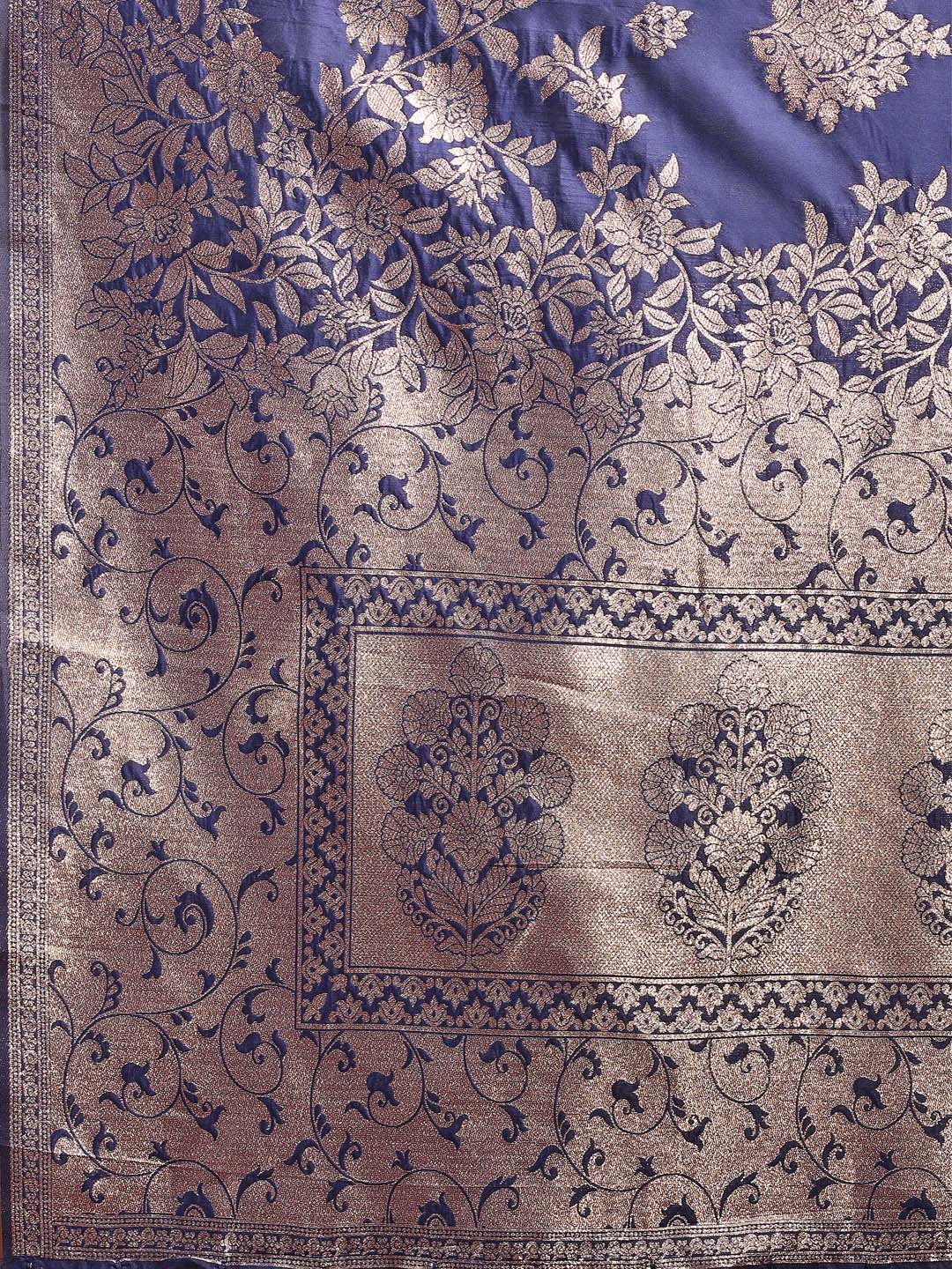 Astita Emerald Navy Blue Banarasi Silk Saree with Zari Floral Work – Elegance Woven in Every Thread