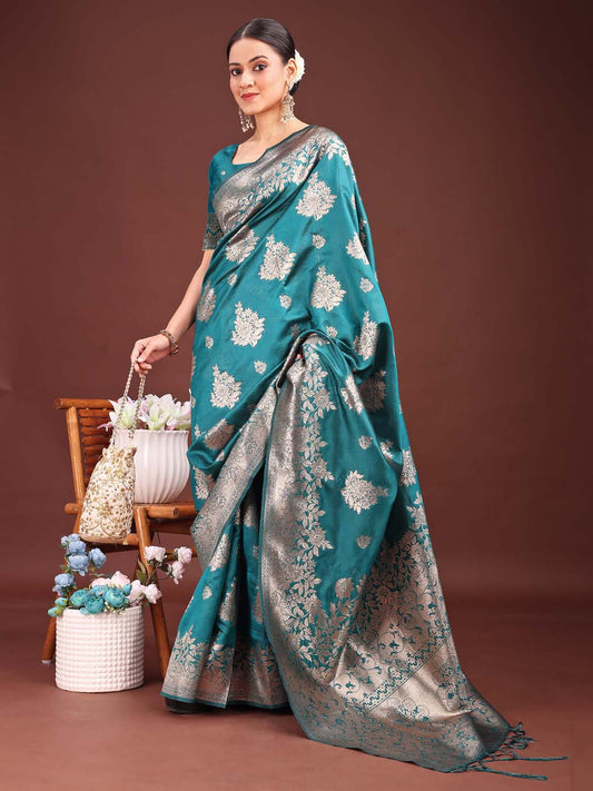 Astita Emerald Sea Green Banarasi Silk Saree with Zari Floral Work – Elegance Woven in Every Thread