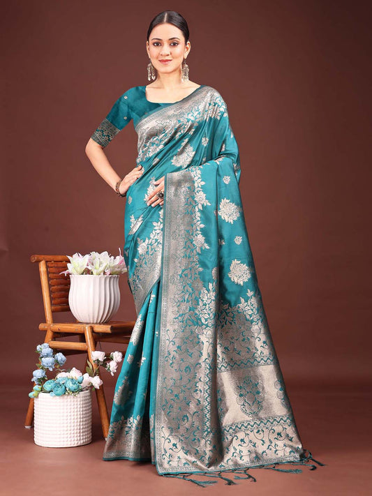 Astita Emerald Sea Green Banarasi Silk Saree with Zari Floral Work – Elegance Woven in Every Thread