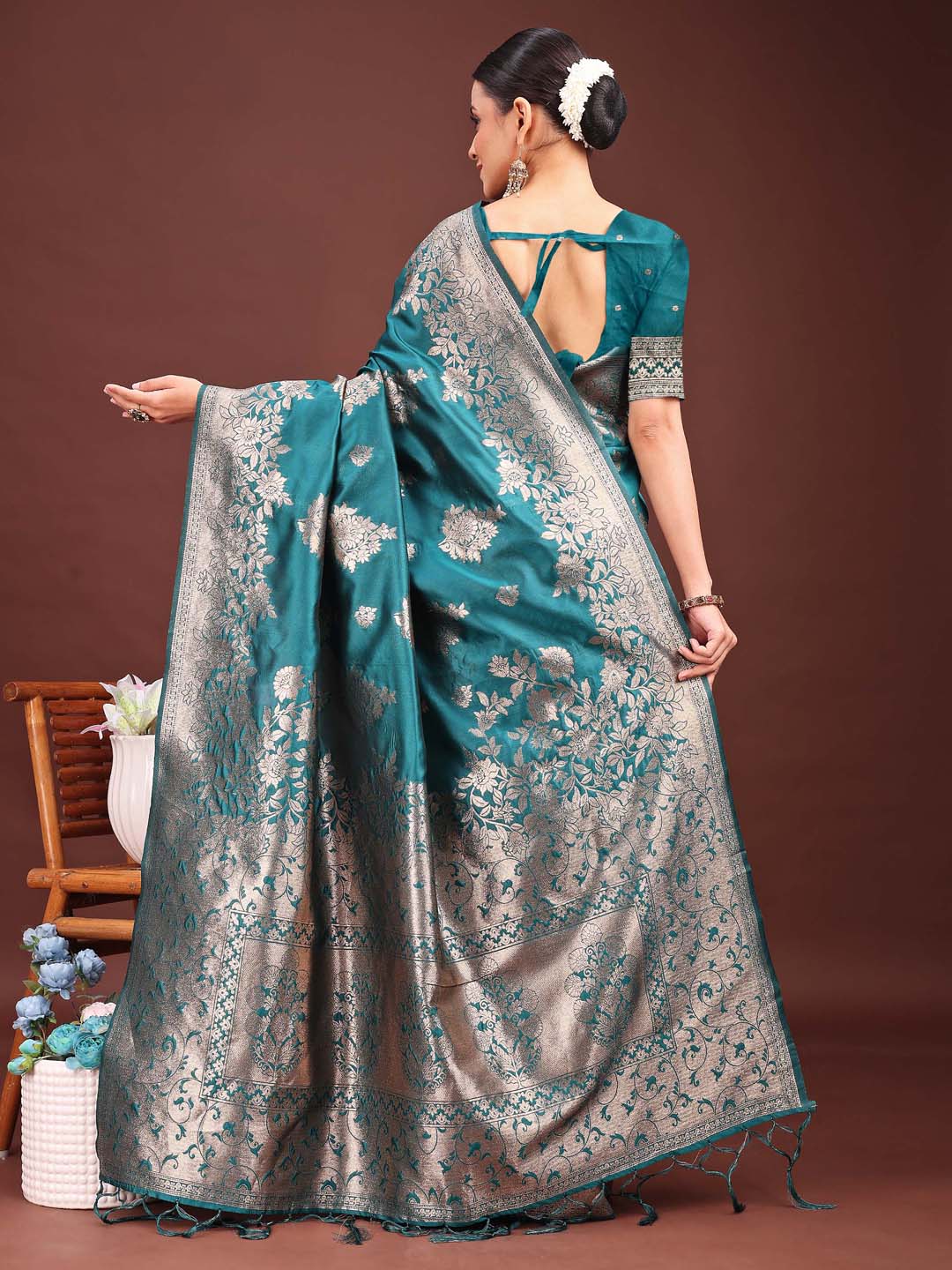 Astita Emerald Sea Green Banarasi Silk Saree with Zari Floral Work – Elegance Woven in Every Thread