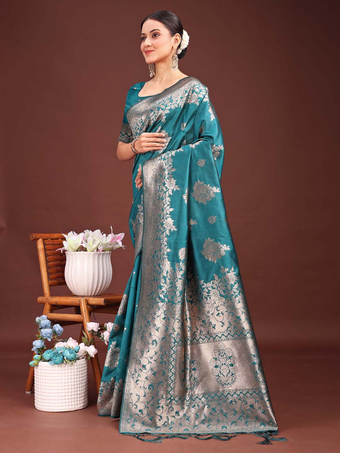 Astita Emerald Sea Green Banarasi Silk Saree with Zari Floral Work – Elegance Woven in Every Thread