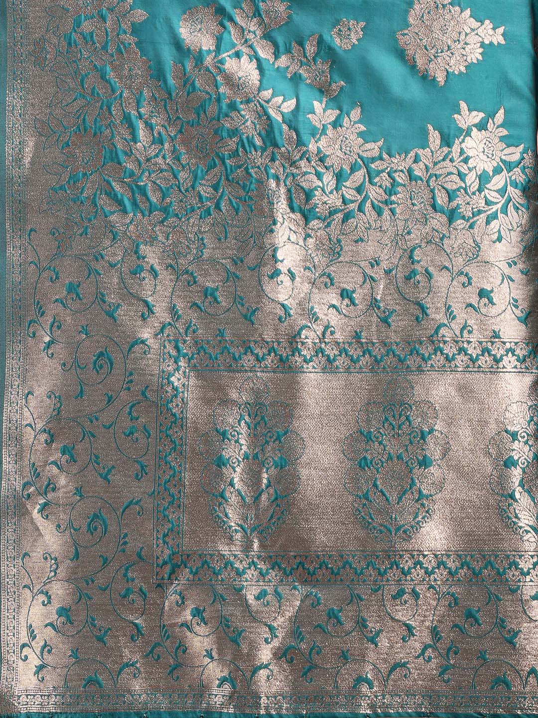 Astita Emerald Sea Green Banarasi Silk Saree with Zari Floral Work – Elegance Woven in Every Thread